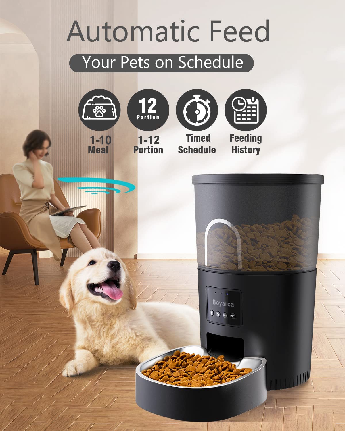 Automatic Cat Feeders with App，Tuya Smart Auto Pet Feeder for Cats and Dogs，2.4GHz WiFi Pet Dry Food Dispenser， with Remote Feeding Timer，Works with Google for Home Automation，3L，Black