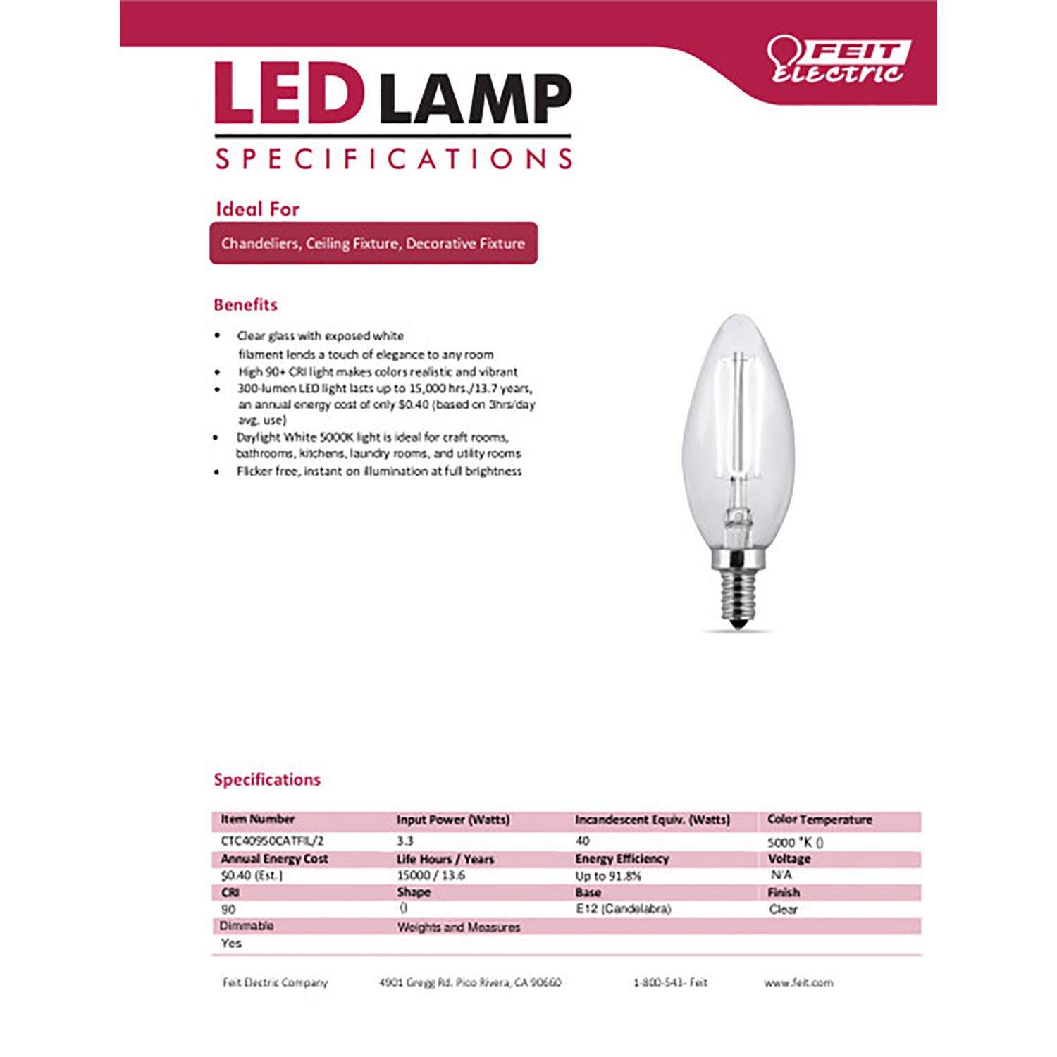 Feit B10 E12 (Candelabra) Filament LED Bulb Daylight 40 Watt Equivalence 2 pk