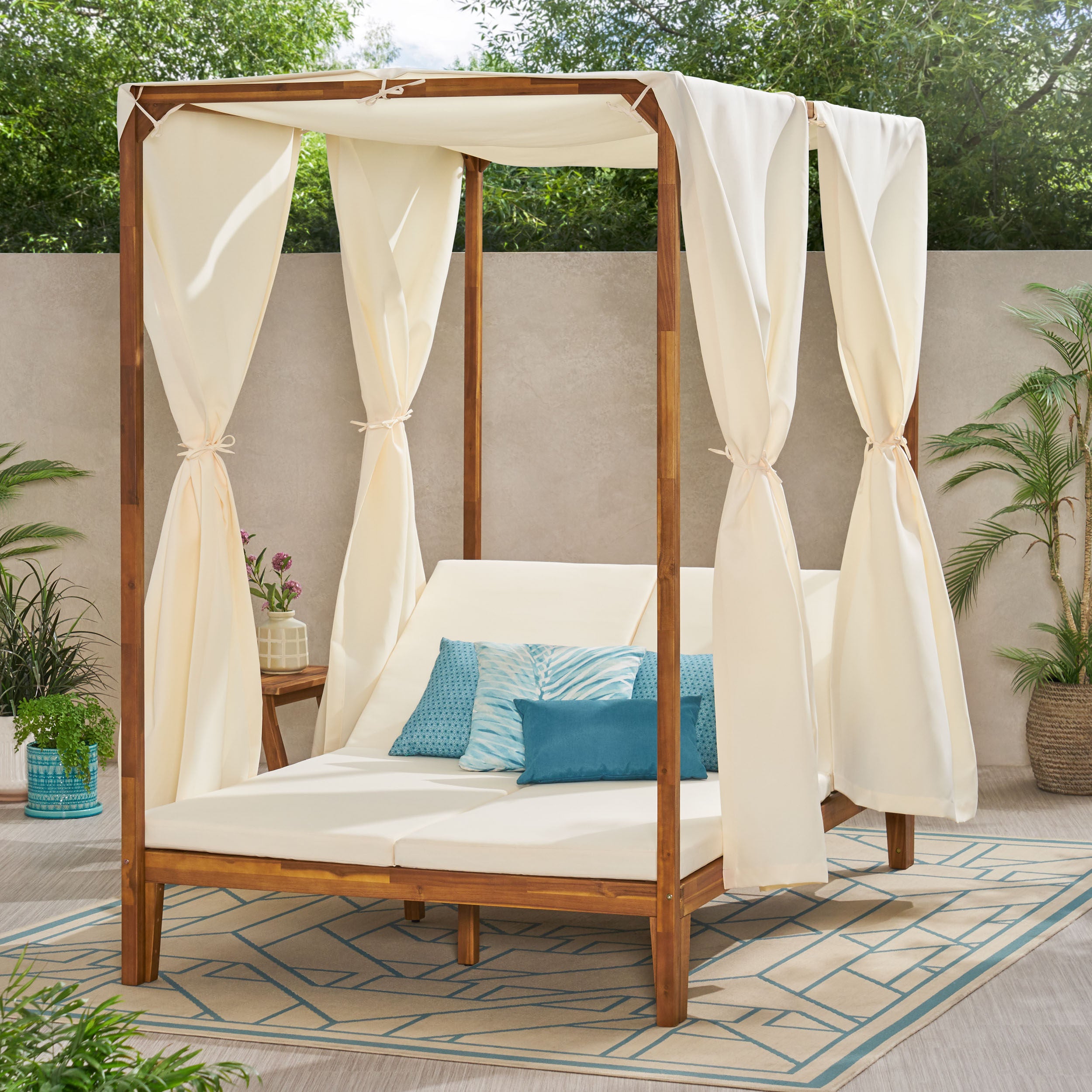 Leaverton Outdoor 2 Seater Adjustable Acacia Wood Daybed with Curtains