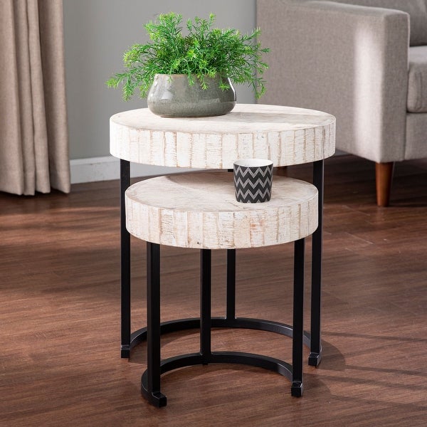 Set of 2 White and Black Rustic Round Nesting Side Tables 20.75