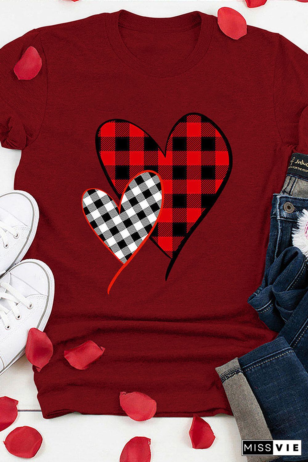 Valentine's Day Plaid Heart Print Short Sleeve Graphic Tee Wholesale