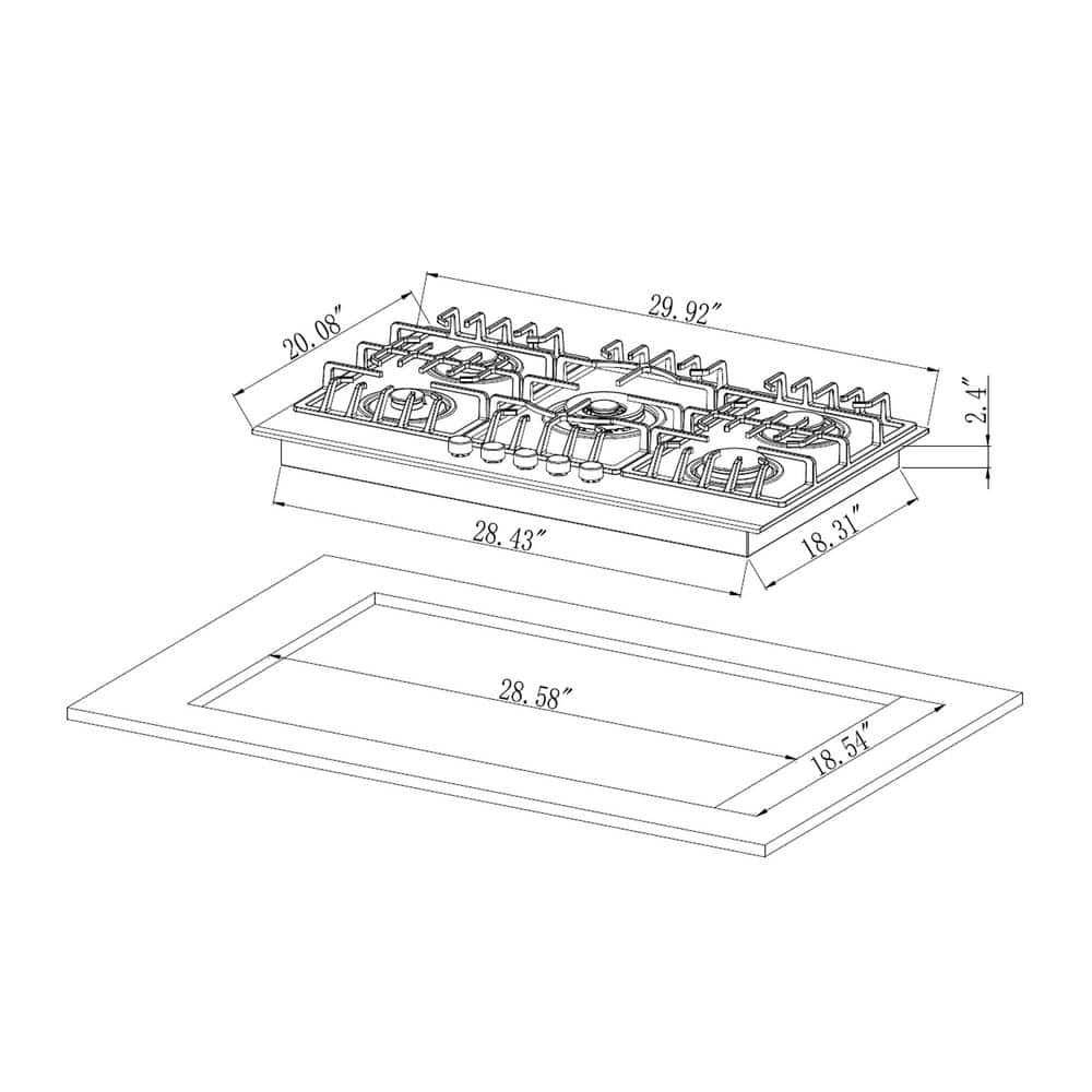 Empava 30 in Gas Stove Cooktop with 5 Sealed Burners in Black Tempered Glass including Power Burner