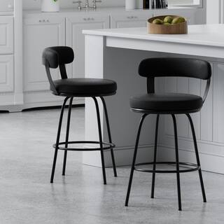 Hausfame 32.5 in. Grey Low Back Metal Frame Swivel Counter Stool with Round PU Leather Seat (Set of 2) HUSF-SBS1006GY-24