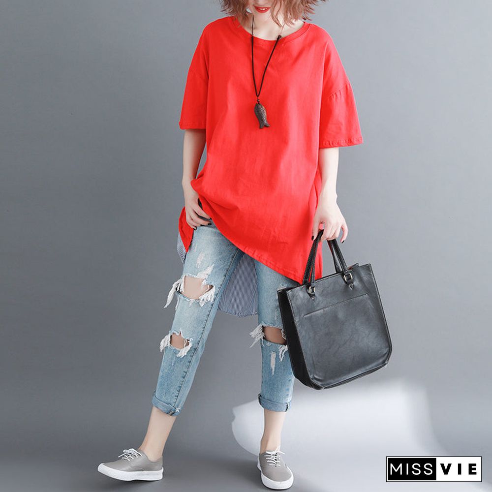 baggy red pure linen cotton blouse casual shirts boutique o neck striped Batwing Sleeve cotton clothing