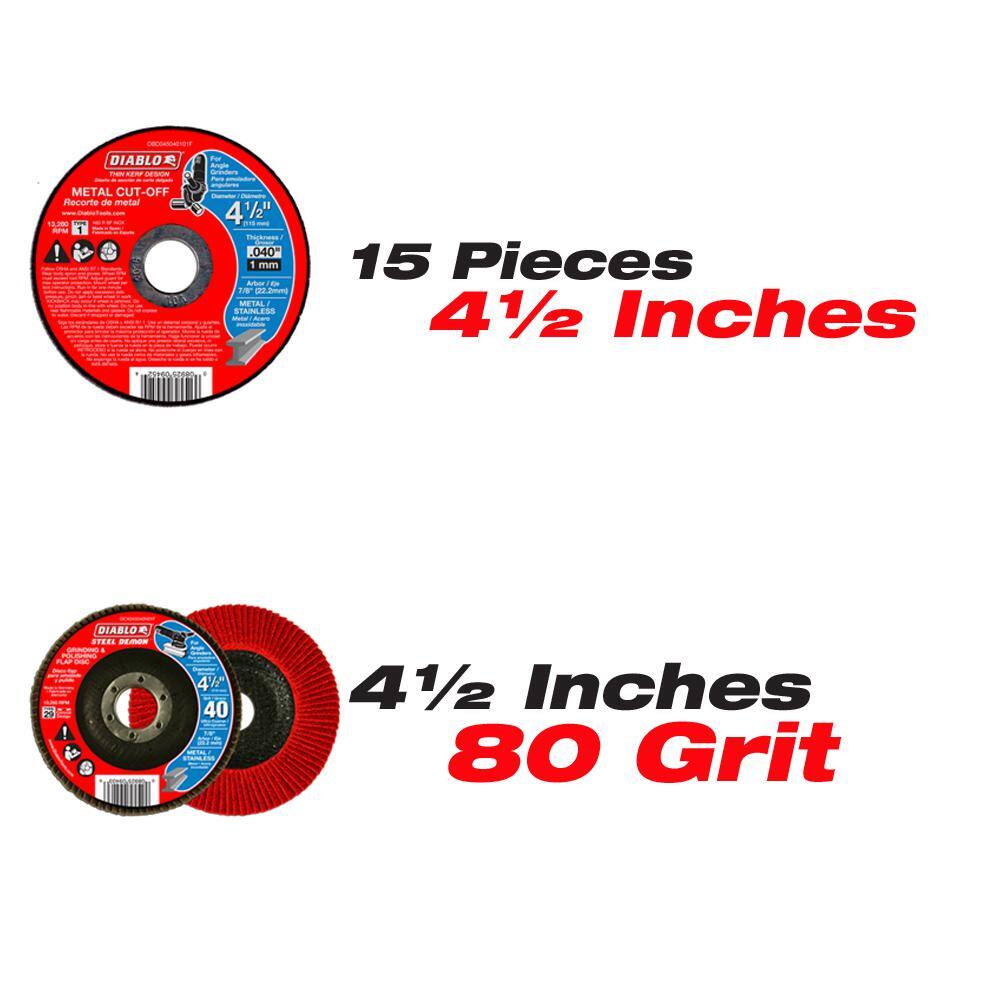 DIABLO 4-12 in. Metal Cut Off Disc Thin Kerf 15-Pack Plus a 4-12 in. Steel Demon Flap Disc 80 Grit Type 29 (16-Pack) DBD045115DCX80G