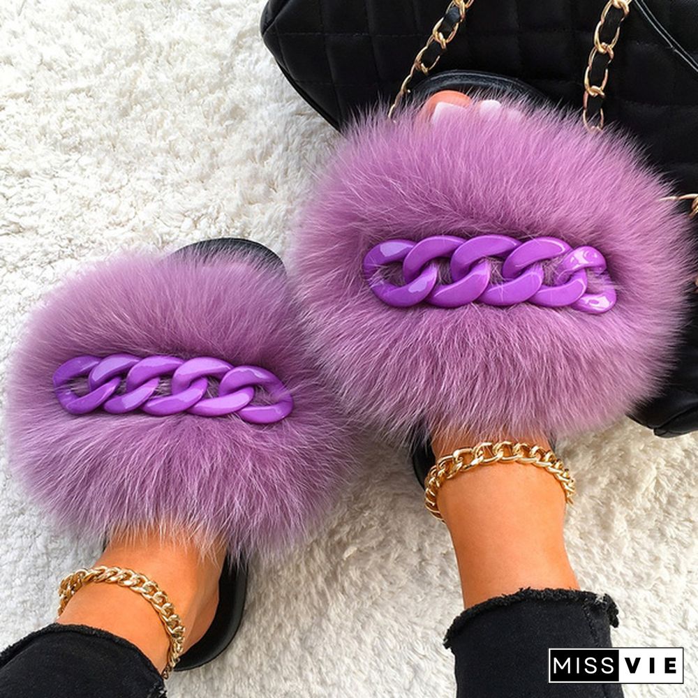 New Fashion Real Fox Fur Slippers For Women Fur Slides Summer Beach Fluffy Chain Fur Sandals Home Furry Flip Flop Plush Shoes Multicolor