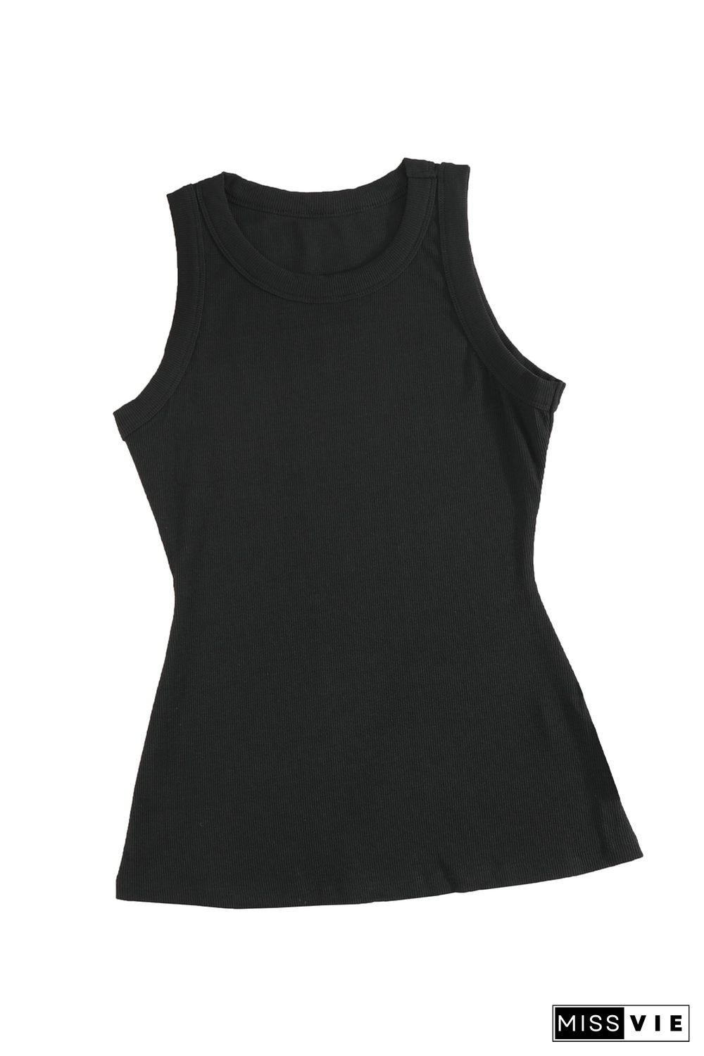 Solid Black Round Neck Ribbed Tank Top