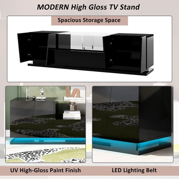 Tempered Glass TV Stand with Sorage and LED Color Changing Lights