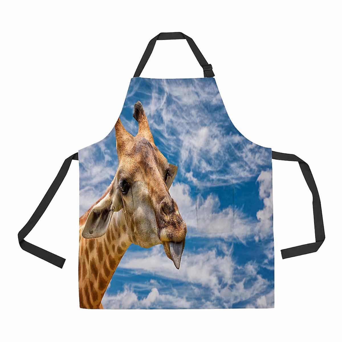 A Giraffe Show Tongue Blue Sky Unisex Adjustable Bib Apron With Pockets For Commercial Restaurant And Home Kitchen Use