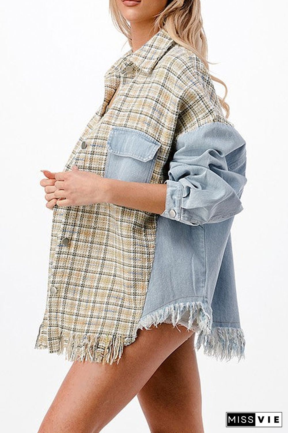 Lt Blue Ripped Denim Splicing Knit Plaid Pocketed Oversized Jackets