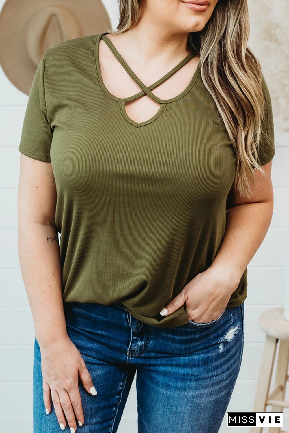 Army Green Plus Size Crisscross Ribbed Knit T-shirt