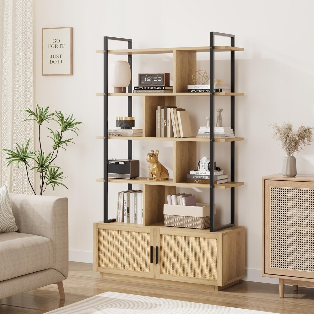 Ail 5 Tier Rattan Bookshelf with Storage Cabinet and door   43.3\