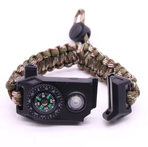 Outdoor Multifunctional with LED Compass Survival Whistle Pocket Knife Adjustable Emergency Umbrella Rope Bracelet