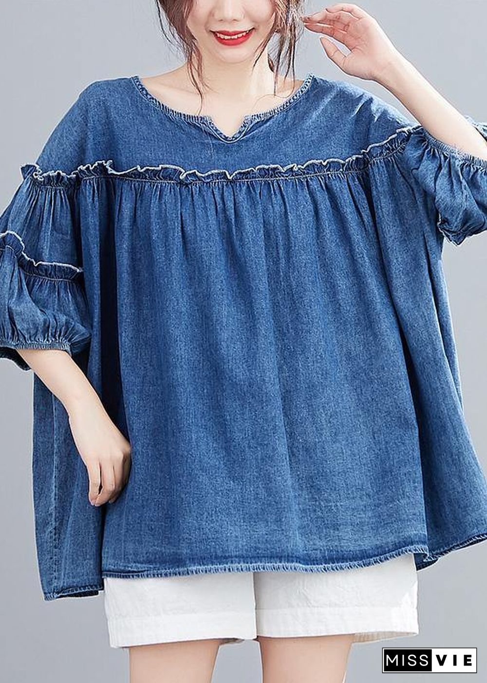 French v neck lantern sleeve cotton summer top Outfits denim blue shirts