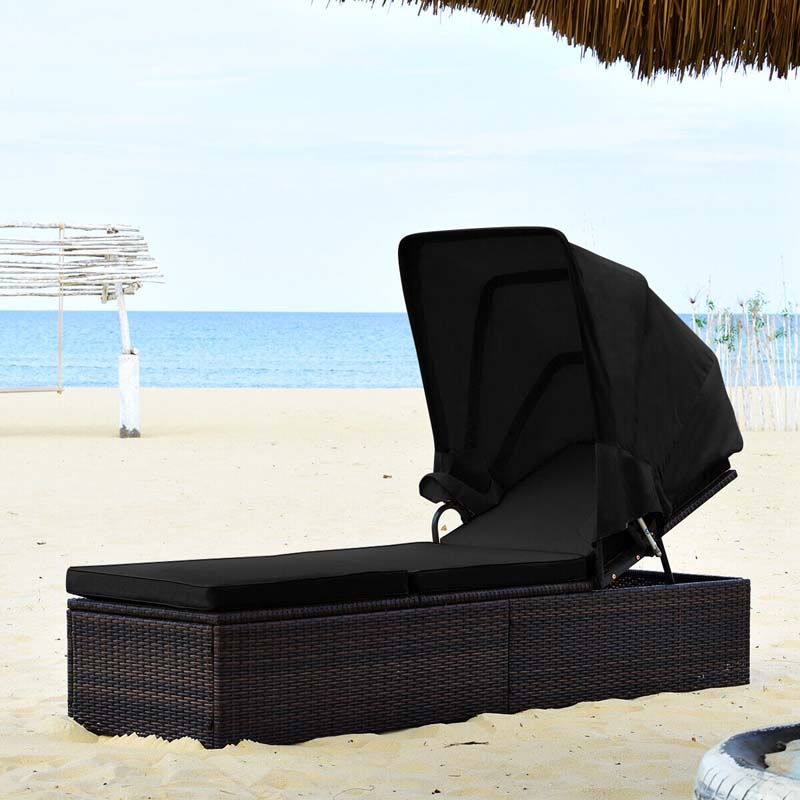 Cushioned Rattan Outdoor Chaise Lounge Chair Sun Lounger 5-Position with Folding Canopy & Flip-up Tea Table