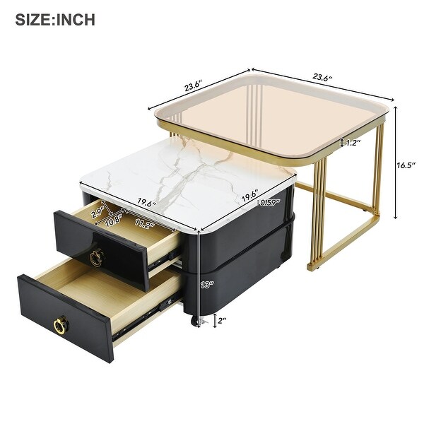 Mieres Stackable Coffee Table，Nesting Tables with Brown Tempered Glass，Wheels and Drawers and High Gloss Marble Grain Top