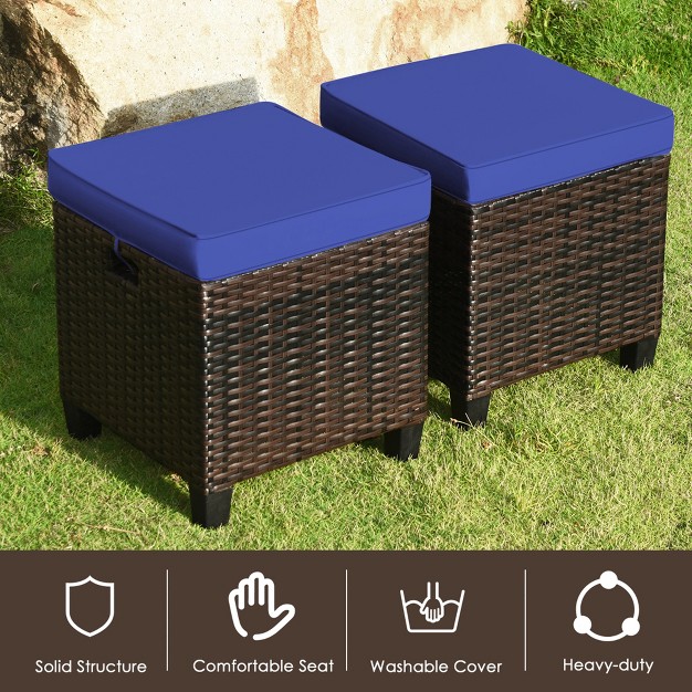 Tangkula Set Of 2 Patio Rattan Ottoman Footrest Garden Outdoor W Navy Cushion