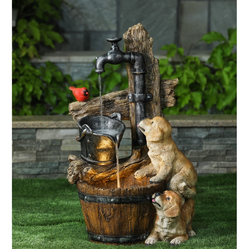 Resin Puppies and Water Faucet Outdoor Fountain with LED Light
