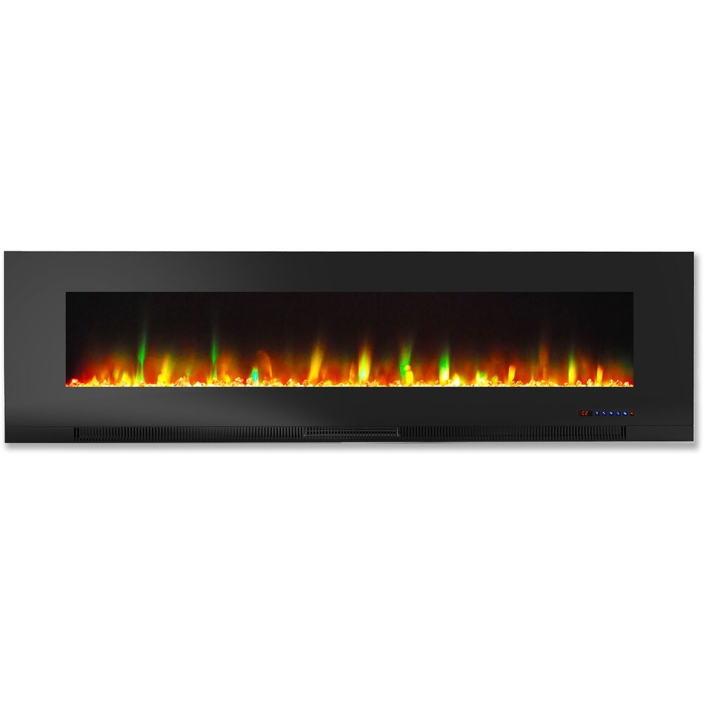 Hanover 60 In. Wall Mount Electric Fireplace in Black with Multi Color Flames and Crystal Rock Display