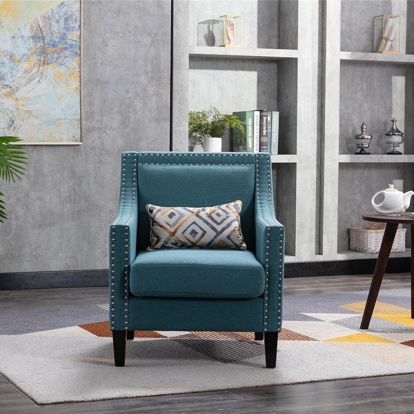 Linen Accent Armchair Living Room With Nailheads And Solid Wood Legs