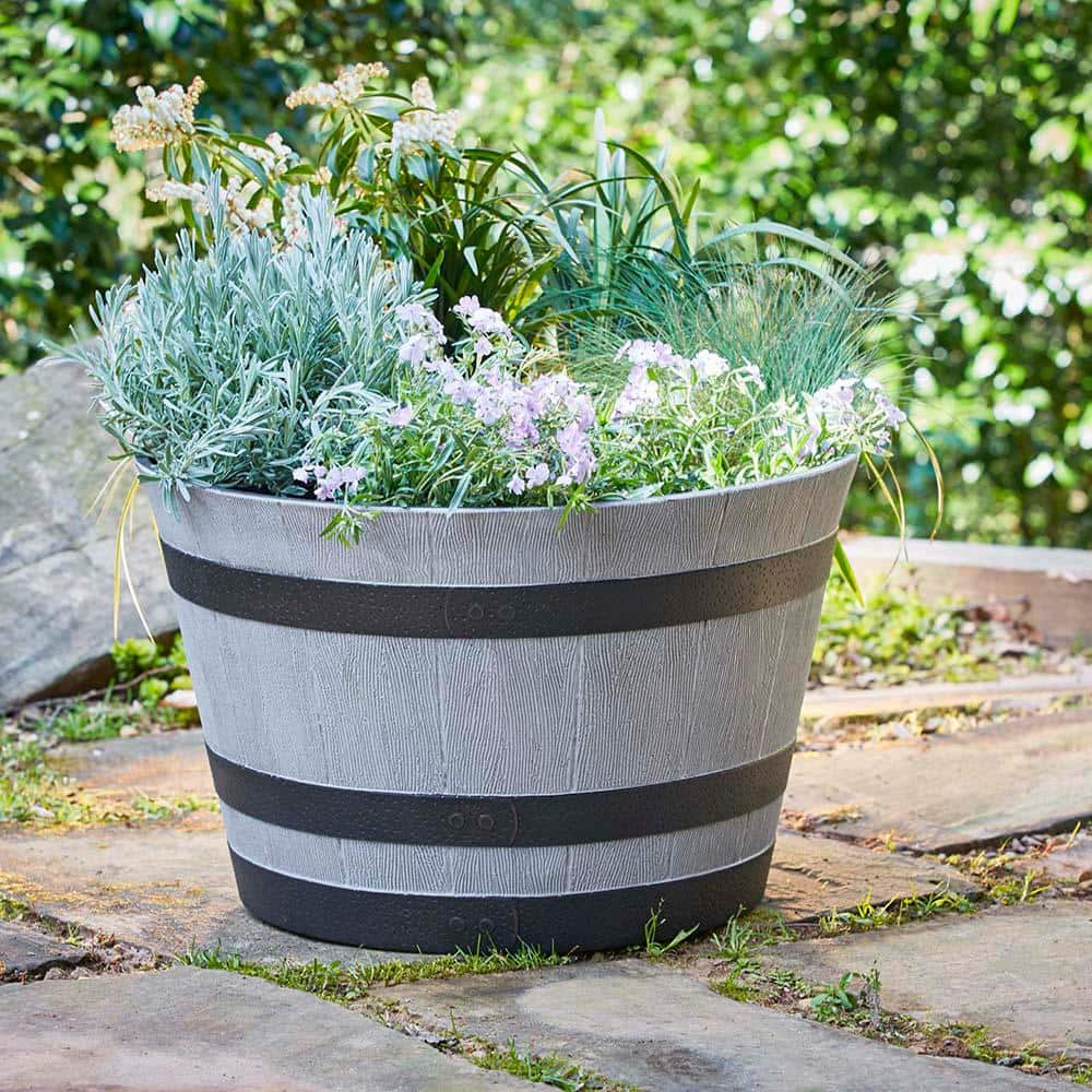 Southern Patio 22.24 in. Dia x 13 in. H 59 qt. Birchwood Gray High-Density Resin Whiskey Barrel Outdoor Planter HDR-055488