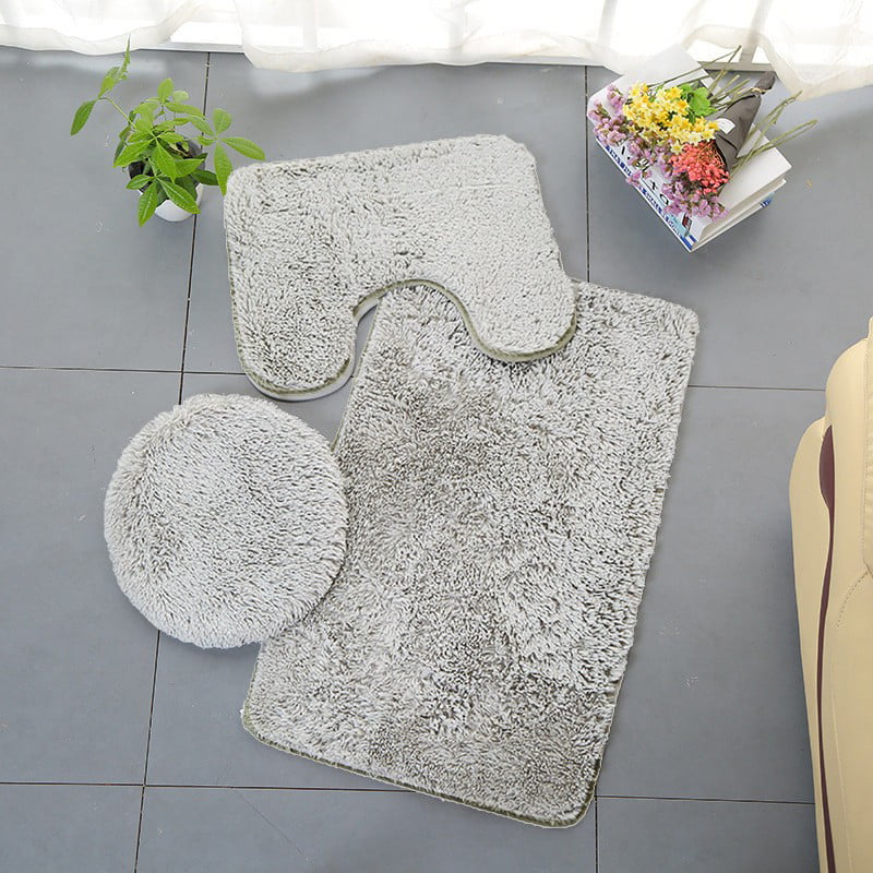 3pc Bathroom Set Rug Mat Toilet Lid Cover Plain Solid Color Bathmats Gray