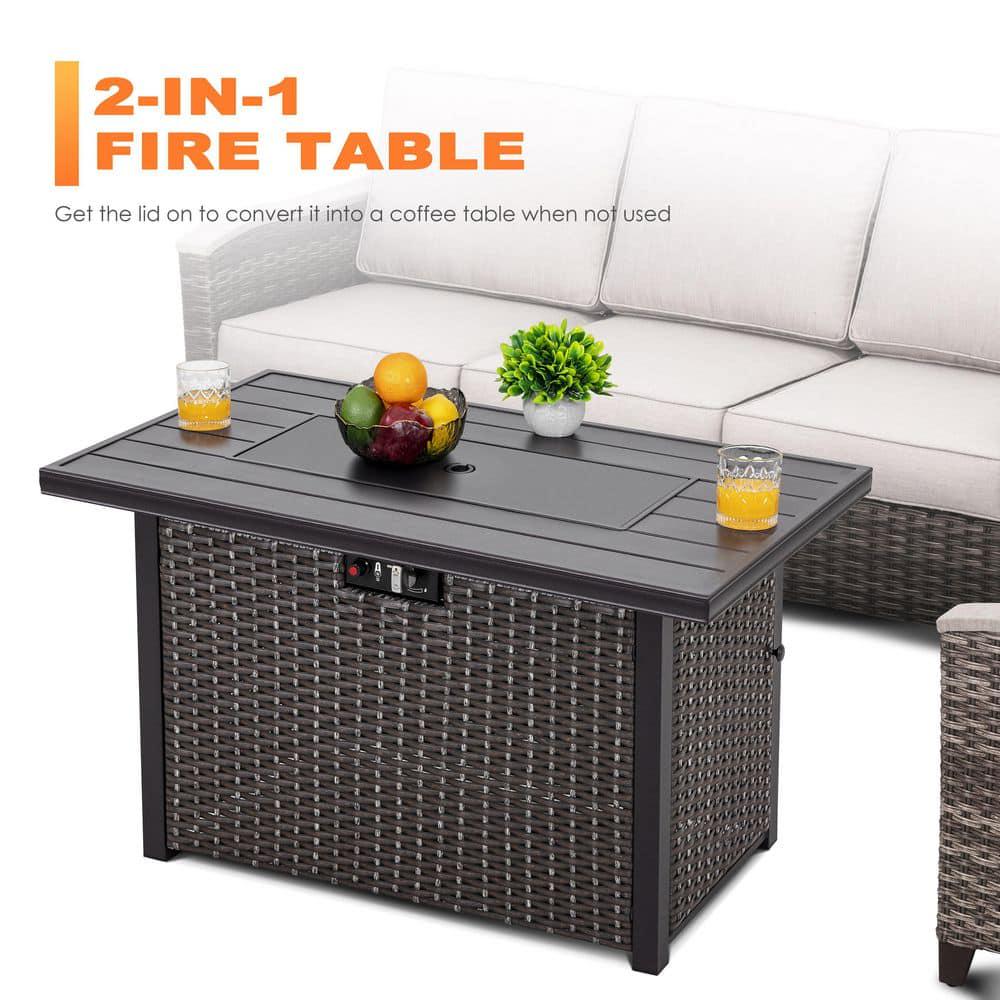 Nuu Garden Brown 43 in 50000 BTU Rectangular Wicker Aluminum Propane Gas Outdoor Fire Pit Table with Removable Lid Fire Glass