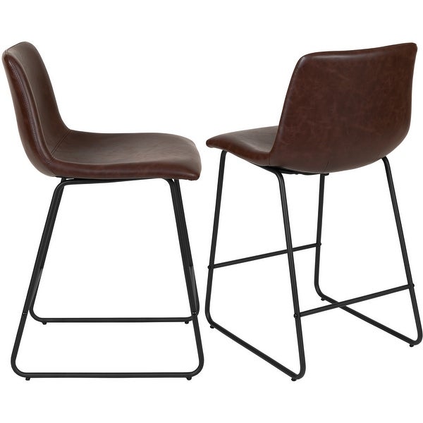 Modern Brown Bonded Leather with Metal Sled Base Counter Height Dining Stools