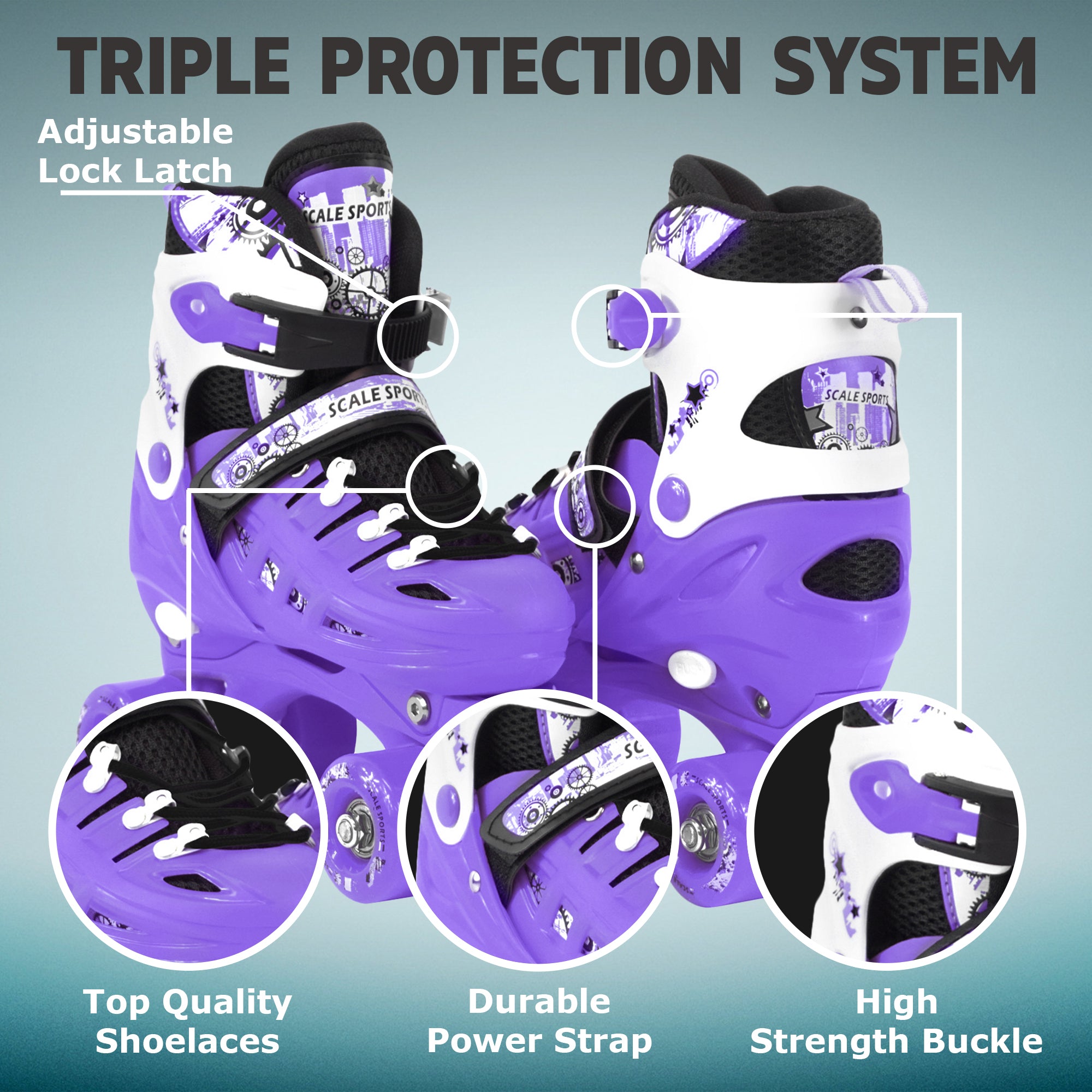 Adjustable Purple Quad Roller Skates For Kids Small Sizes