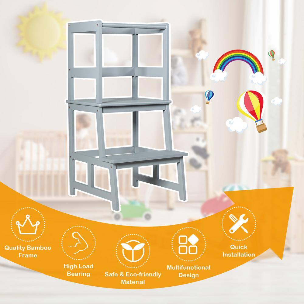 WELLFOR 2-Step Bamboo Clapper Toddler Kitchen Step Stool 200 lbs. with Safety Rail in Gray BB-HGY-5577GR