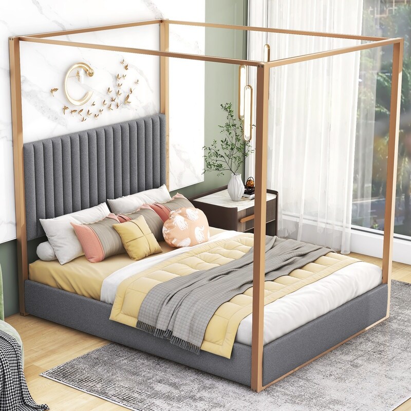 Queen Size Wood Upholstery Canopy Platform Bed w/Headboard and Metal Frame