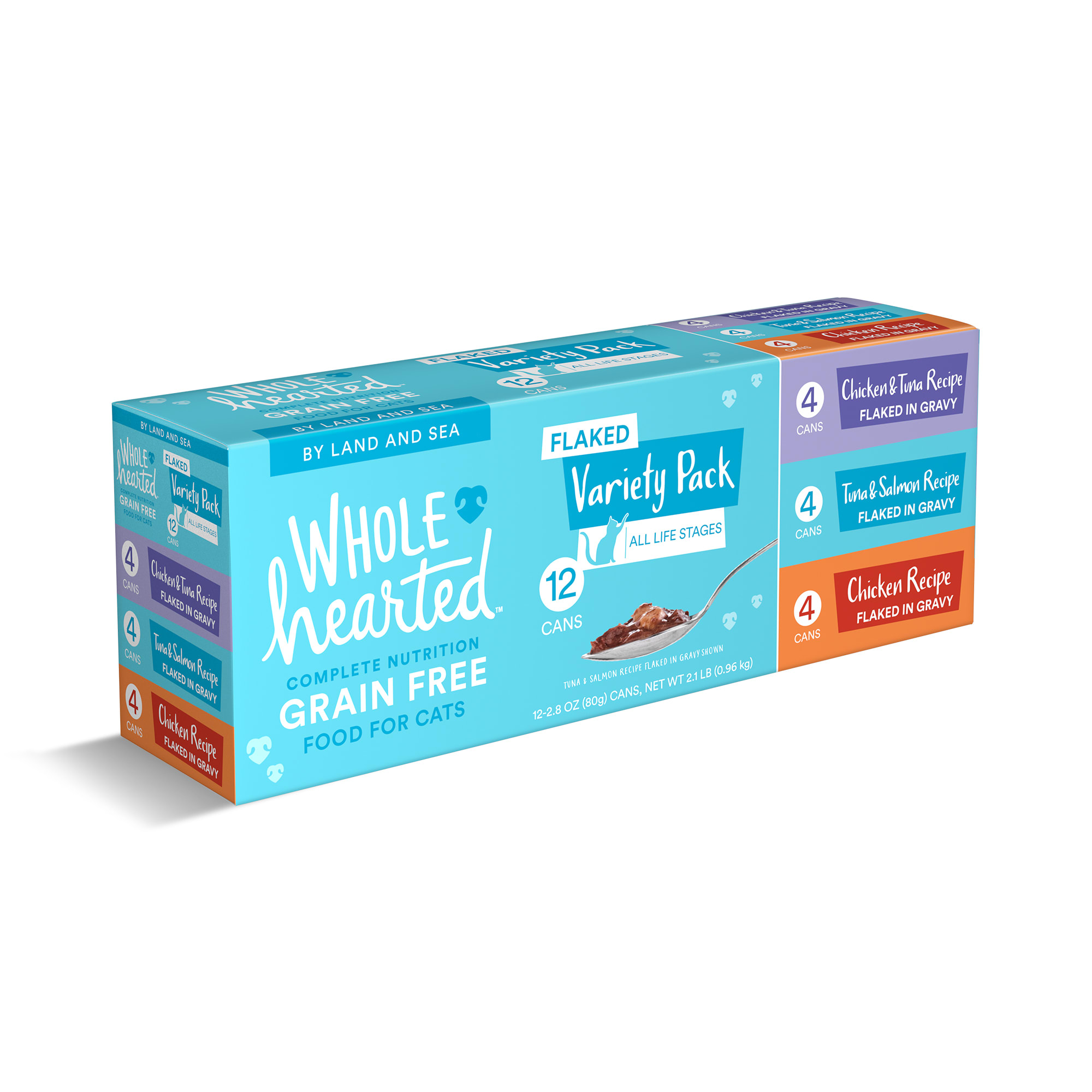 WholeHearted Grain Free By Land and Sea Flaked Wet Cat Food Variety Pack for All Life Stages， 2.8 oz.， Count of 24