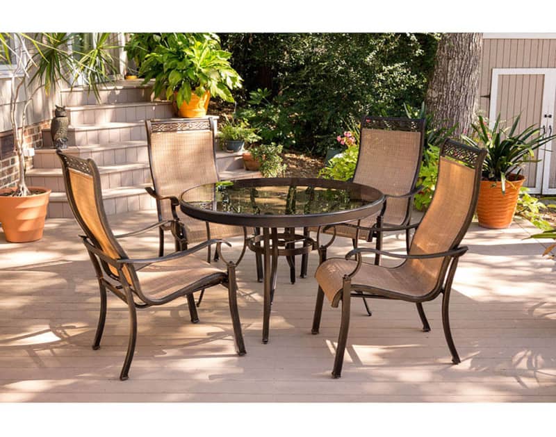 Hanover Monaco 5-Piece Outdoor Dining Set In Tan Sling/Glass With 4 Sling Dining Chairs， 48 Round Glass Top Table