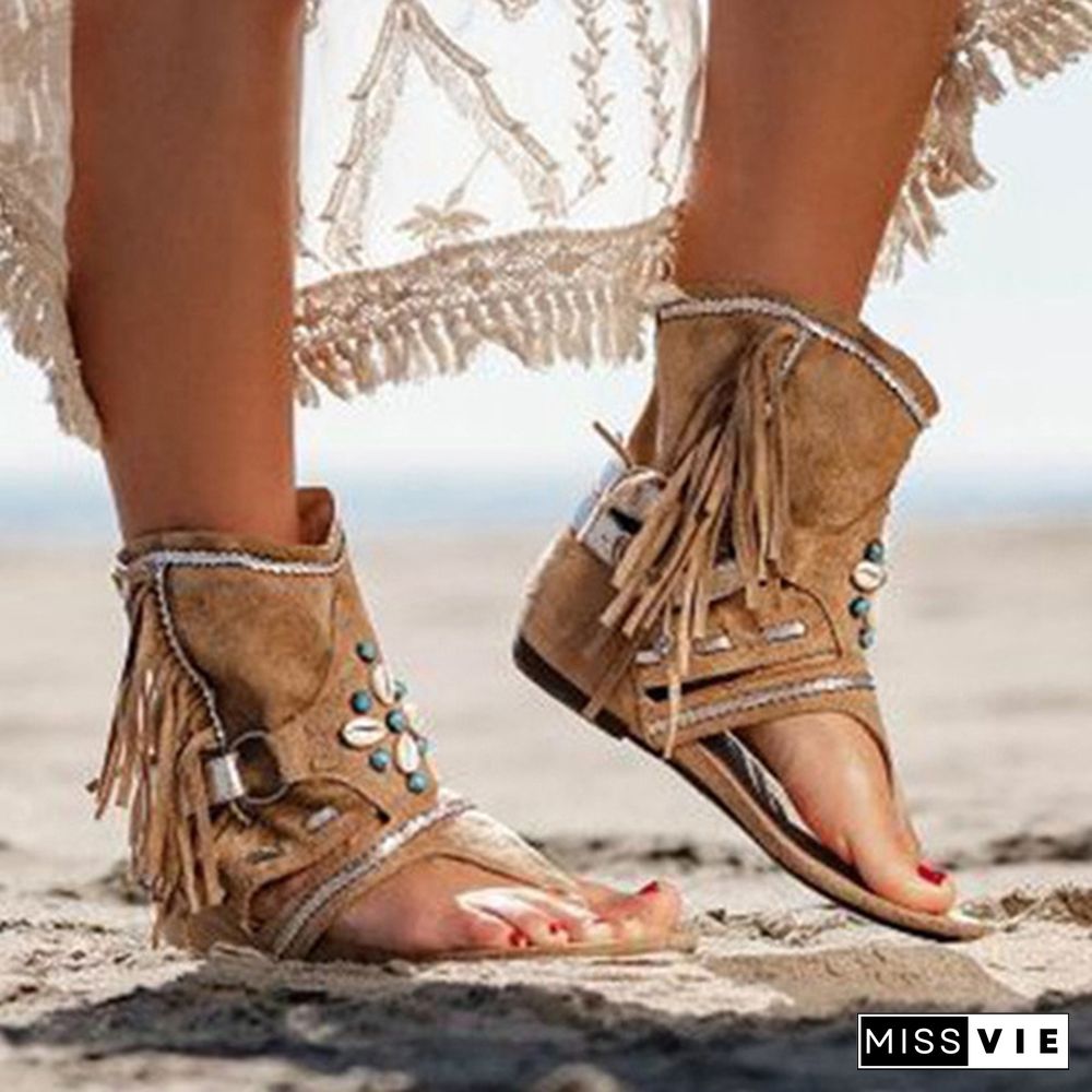 Women's Fashion Tassel Roman Boho Sandals Flock Retro Ankle Sandal Shoes Summer Flats Flip Flops Bohemian Beach Boot Shoes Plus Size