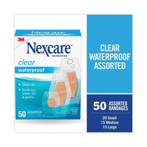 Nexcare Waterproof， Clear Bandages， Assorted Sizes， 50/Box (43250)