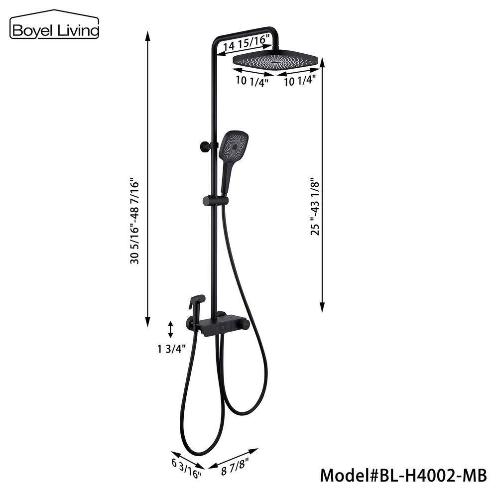 Boyel Living 3-Spray Patterns with 2.5 GPM 10 in. Wall Mount Dual Shower Heads with Thermostatic Valve and Tub Spout in Matte Black BL-H4002-MB