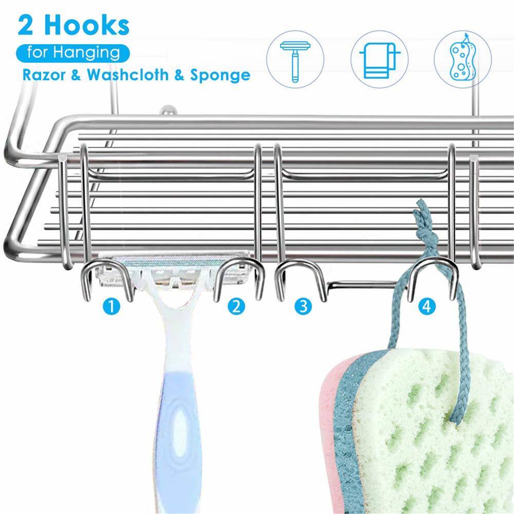 Cubilan Wall Mount Adhesive Stainless Steel Shower Caddy Shelf with Hooks in Silver 2-Pack HD-VB2