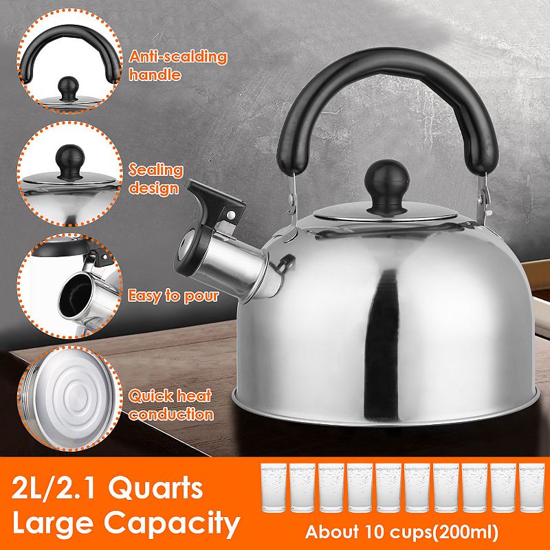 Silver， 2.1quarts， Stainless Steel Whistling Tea Kettle