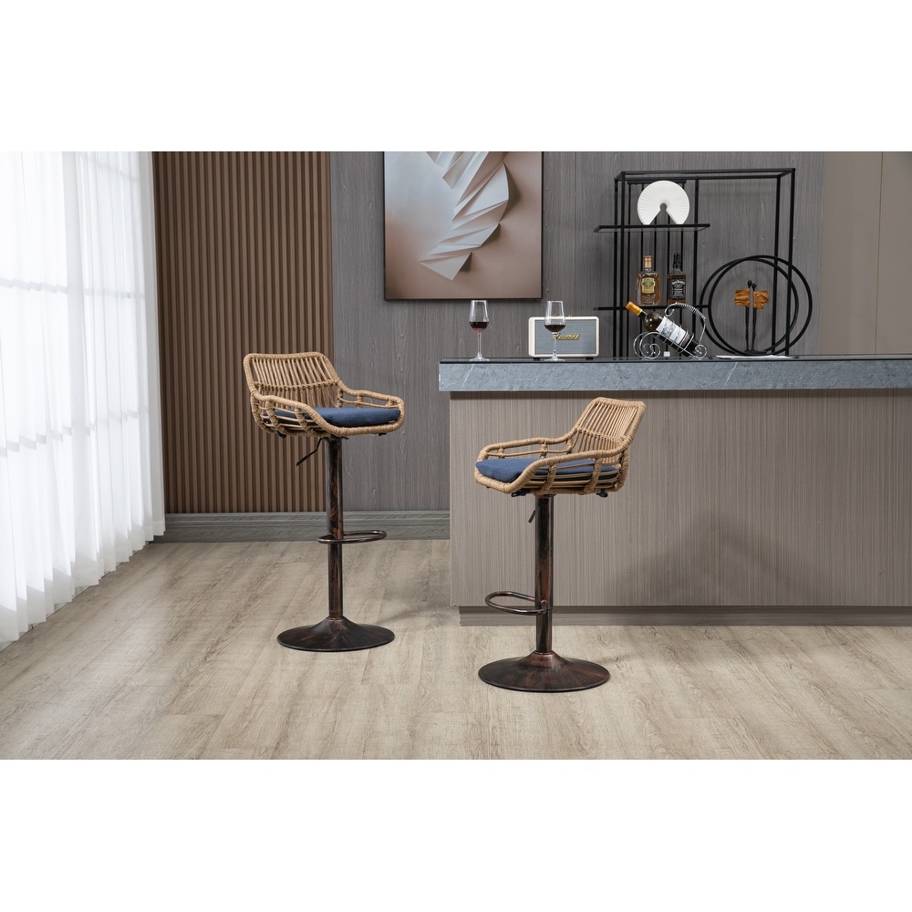 2pcs Swivel Bar Stools Adjustable Counter Height Chairs with Rattan Back and Footrest for Kitchen Island Dining Chair  Blue