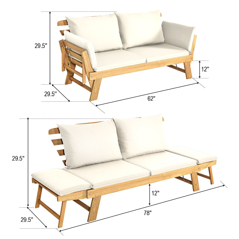 Acacia Wood Patio Daybed Convertible Couch Sofa Bed, Outdoor Folding Chaise Lounge Bench with Adjustable Armrest