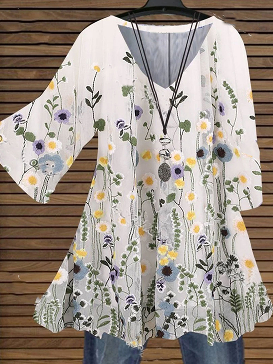 Casual Floral Print V-Neck Half-Sleeve Blouse