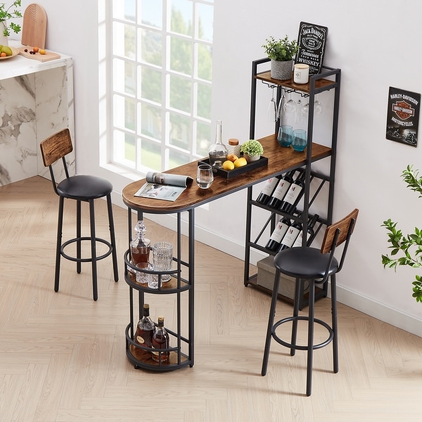 Bar Table and Stool Set with 2 Bar Stools and Bottle Holder， Multifunctional High Bar Table with Space for 8 Bottles and 9 Glasses