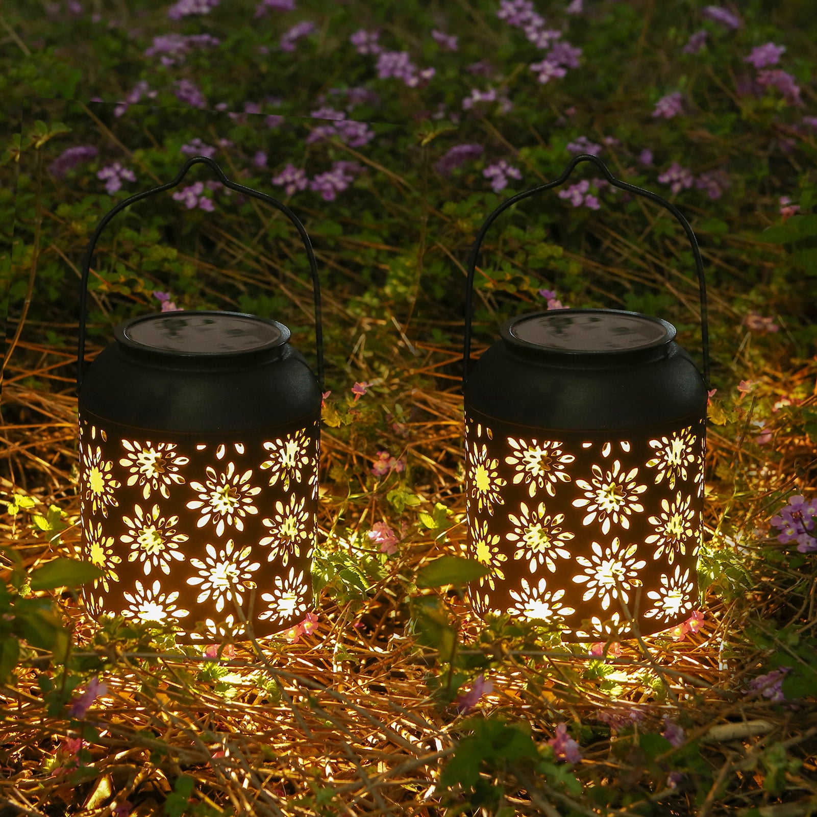 Tomshine 2Pack Solar Lantern Outdoor Hanging Light Retro Metal Decorative Light Hollowed Out Flower Pattern Garden Landscape Light