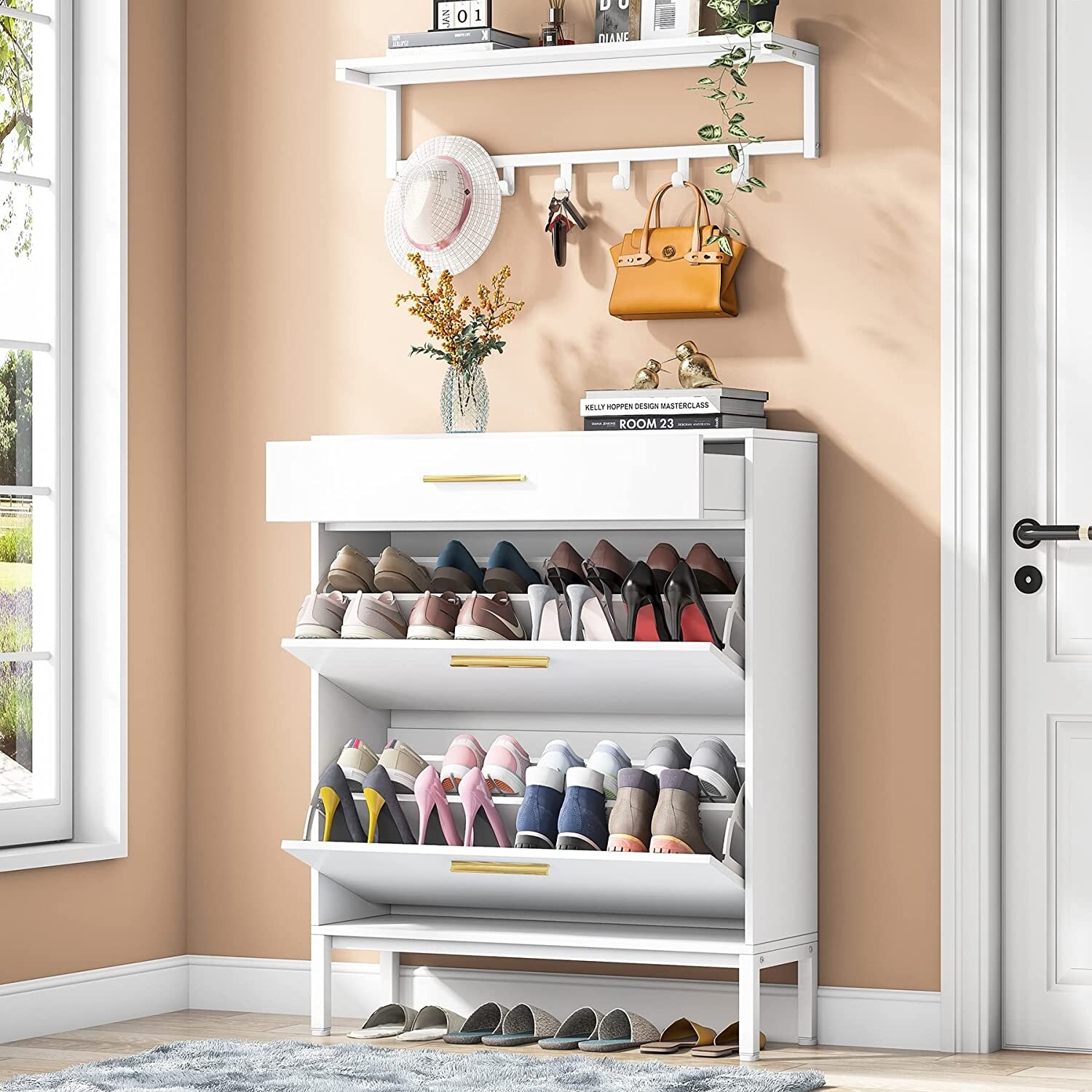 Shoe Cabinet Flip Drawer and Wall Mounted Coat Shelf Set - - 36100544