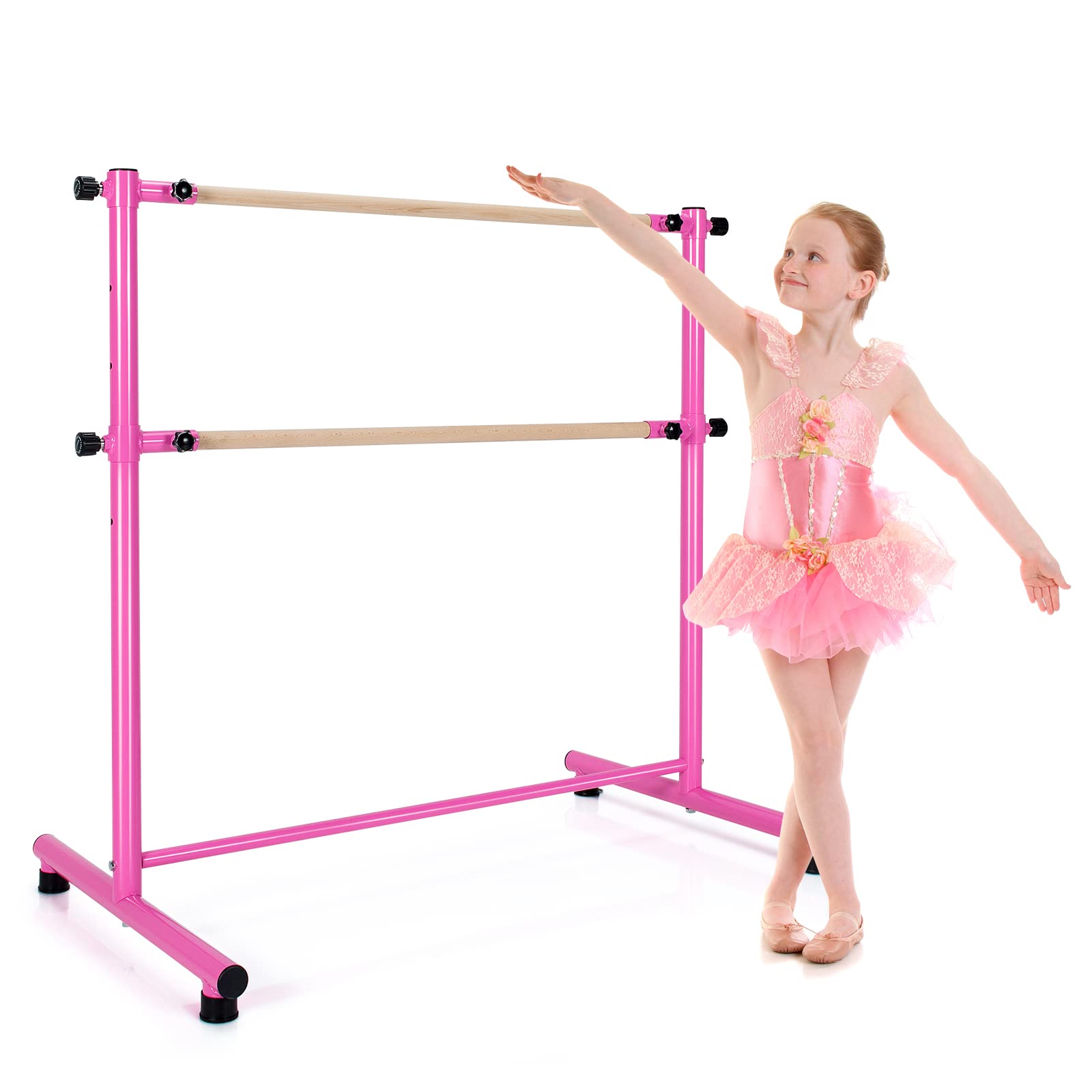 Costzon Portable Ballet Barre, 4FT Height Adjustable Double Wood Bar, Freestanding Fitness Dance Bar