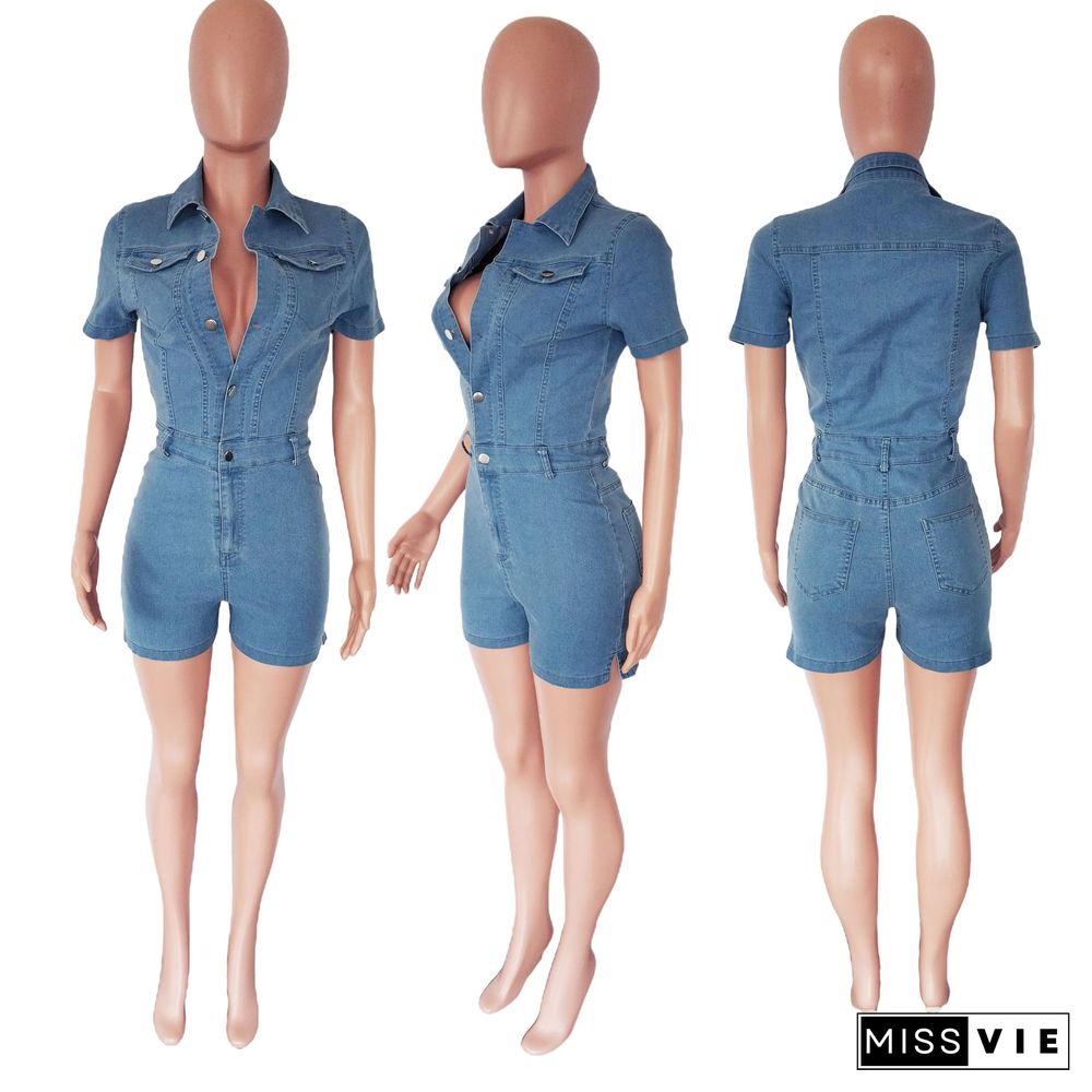 Turn Down Collar Button Up Skinny Denim Romper