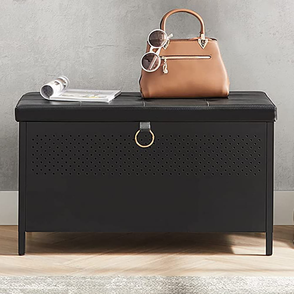 Storage Bench, Flip Top Storage Ottoman with 2 Safety Hinges, Sturdy Storage Chest with Cushion, for Entryway, Bedroom, Matte Black