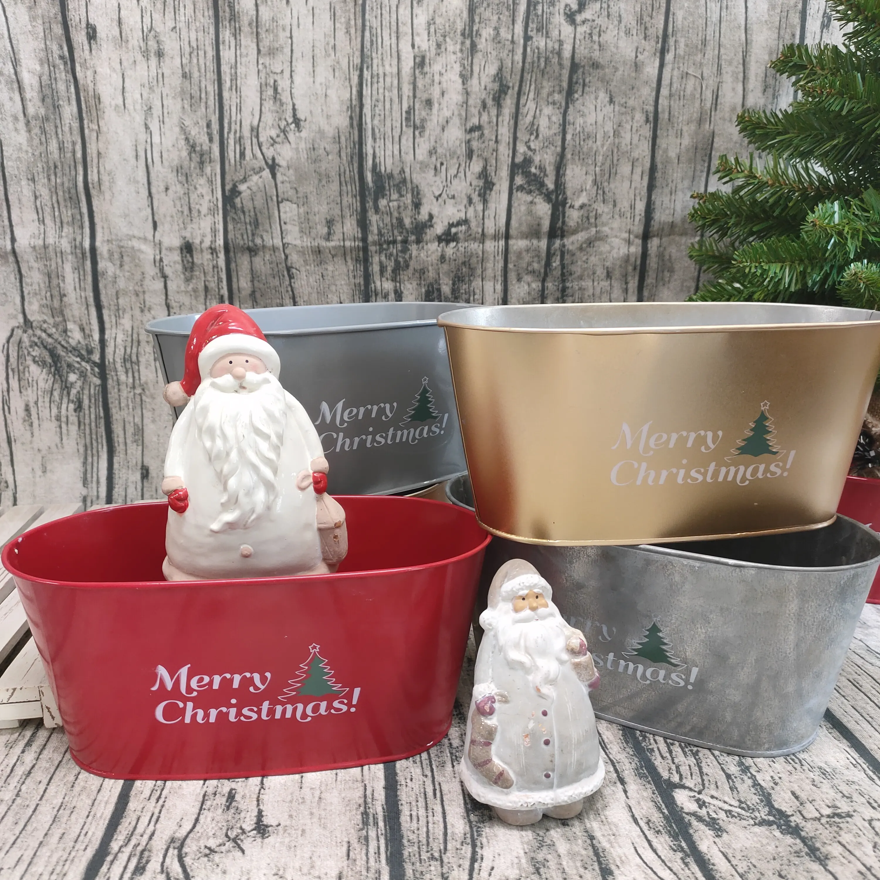 Custom round red metal buckets for decoration Christmas gift tree bases pot