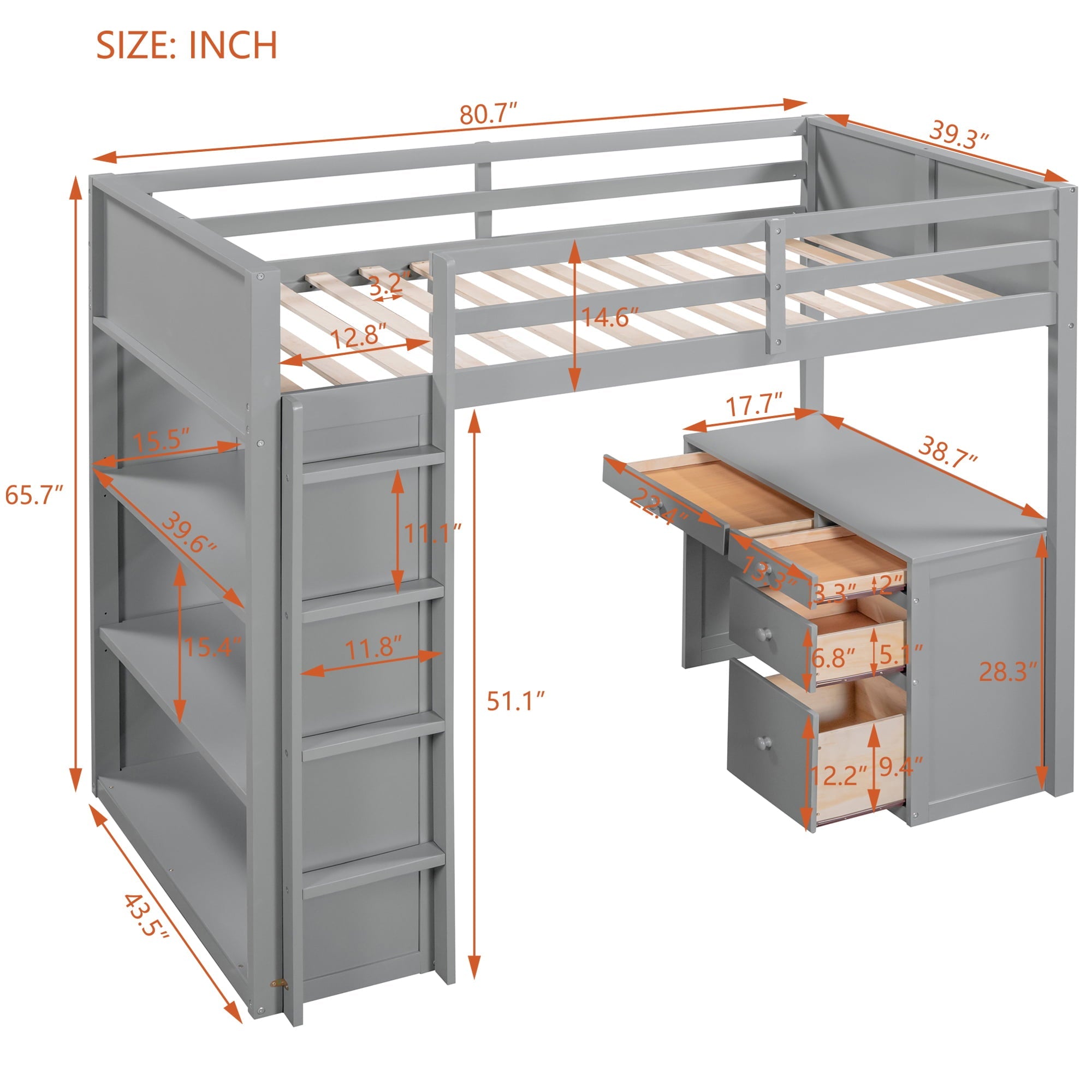 Bellemave Full Size Loft Bed with Desk and Shelves, Wood High Loft Bed Frame with Storage and Ladder, for Kids Teens Adults, Gray