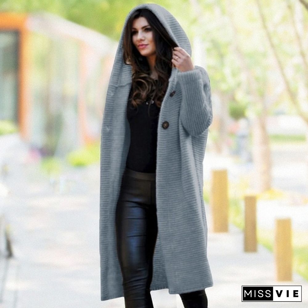 New Autumn Winter Women Hooded Coat Cardigan Sweater Coat Lady Solid Color Coat Thick Soft Fashion Jacket Long Plus Size Overcoat